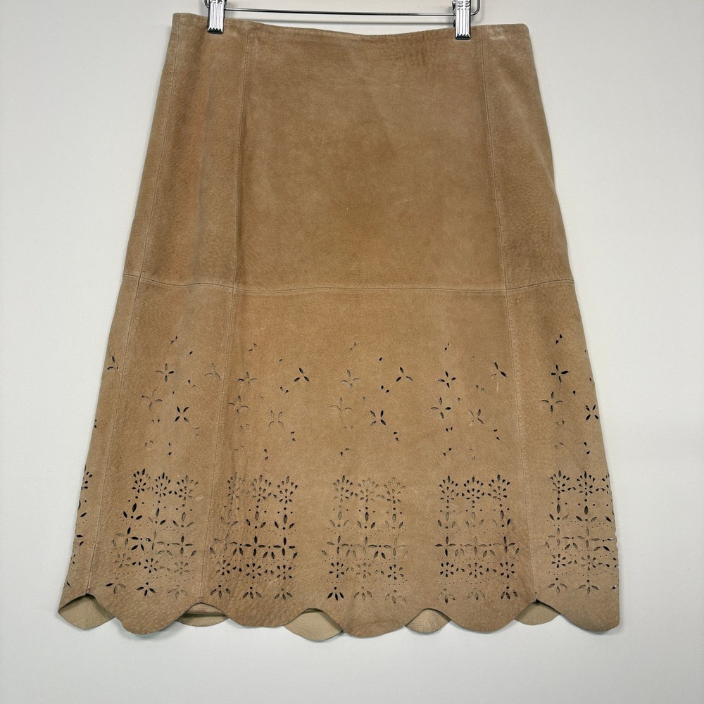 J. Marco Catalog Women Skirt 10 Tan Genuine Leather Suede Eyelet Scalloped Hem